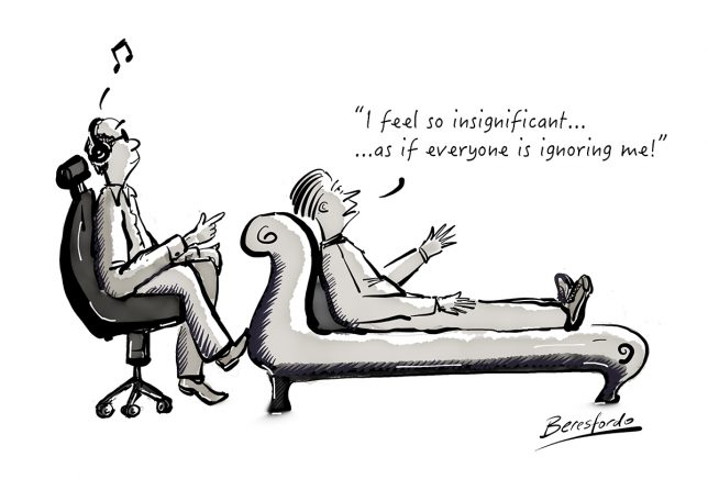 Cartoon showing a therapist not listening to his patient