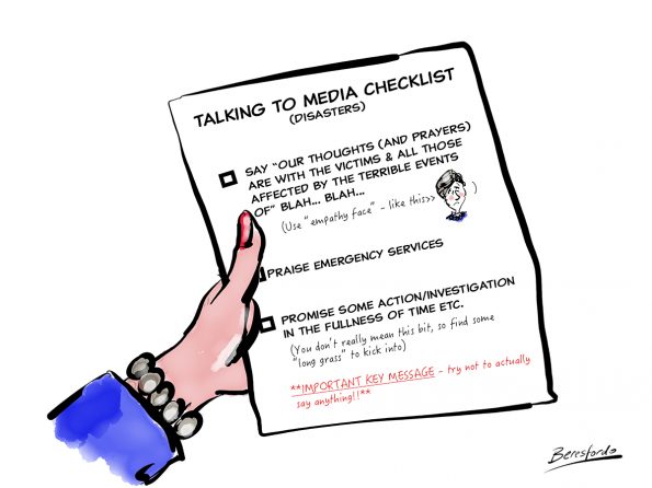 A cartoon checklist describing the thinks politicians always say when a disaster strikes