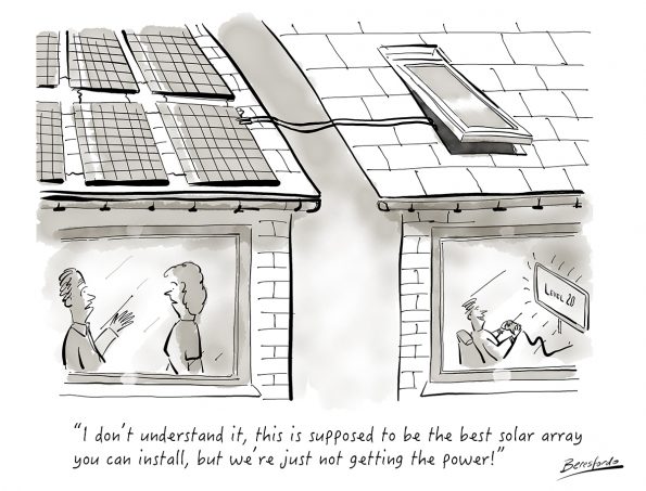 A cartoon showing someone cheekily stealing their neighbours solar power