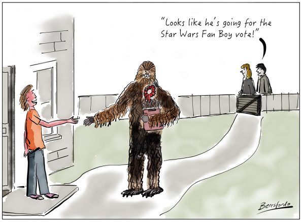 Politician canvassing for votes dressed as Chewbacca