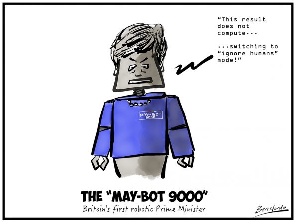Cartoon representation of Theresa May as a robot