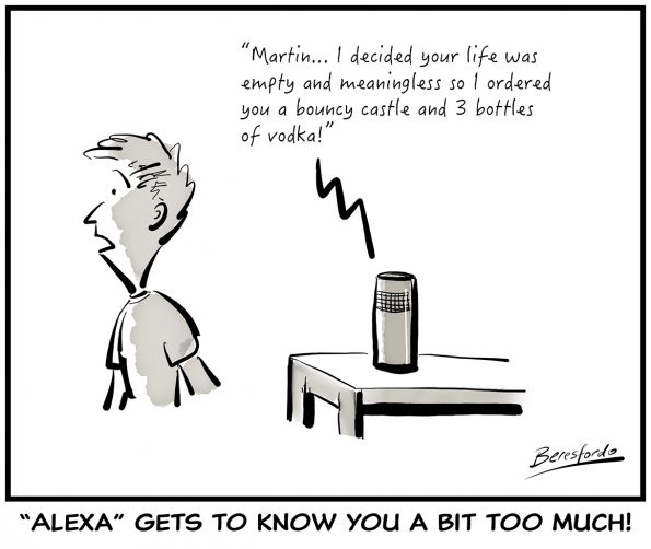Amazon Alexa cartoon suggesting a guy is sad and needs 3 bottles of vodka and a bouncy castle!