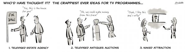 Cartoon showing Televised Estate Agency, Televised auctions and the C4 show "Naked Attraction"