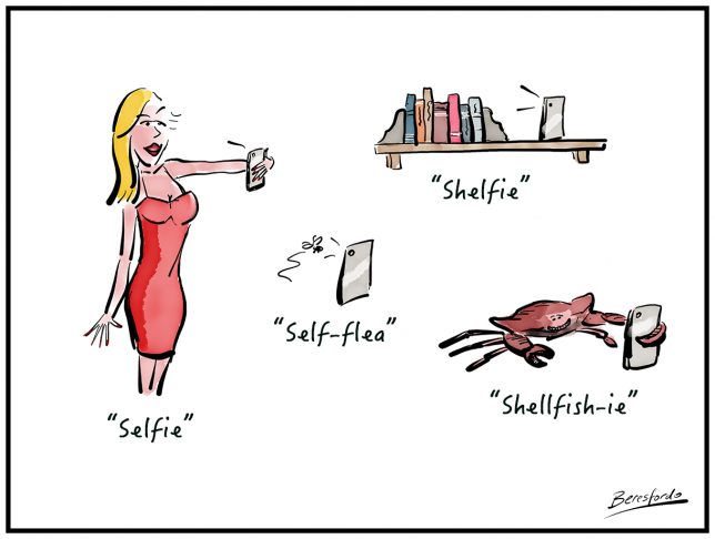 Cartoon showing various creatures taking selfies