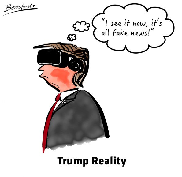 Trump wearing a VR headset and saying it's fake news
