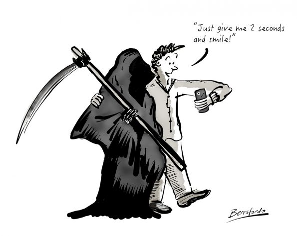 Cartoon showing a guy taking a selfie of the Grim Reaper