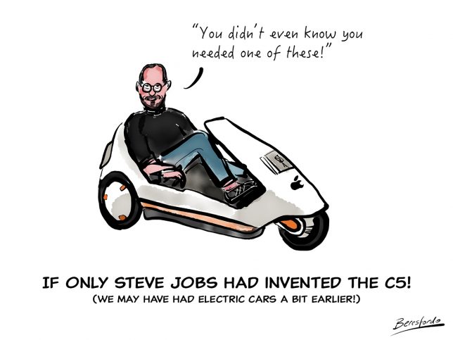 Cartoon with Steve Jobs driving a C5