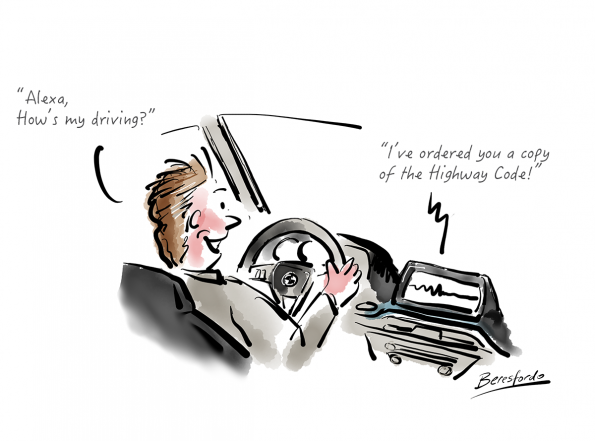 Cartoon about Alexa commenting on a guy's driving