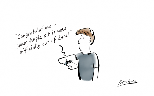 Cartoon showing Apple watch telling a guy his kit is out of date