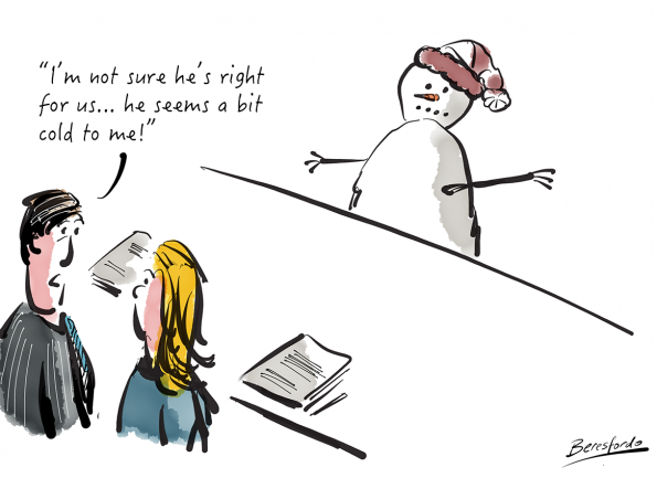 2 recruiters discussing a snowman applicant and deciding he's just a bit too cold!