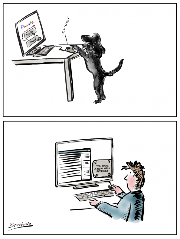 Cartoon showing a dog asking for a walk via a computer